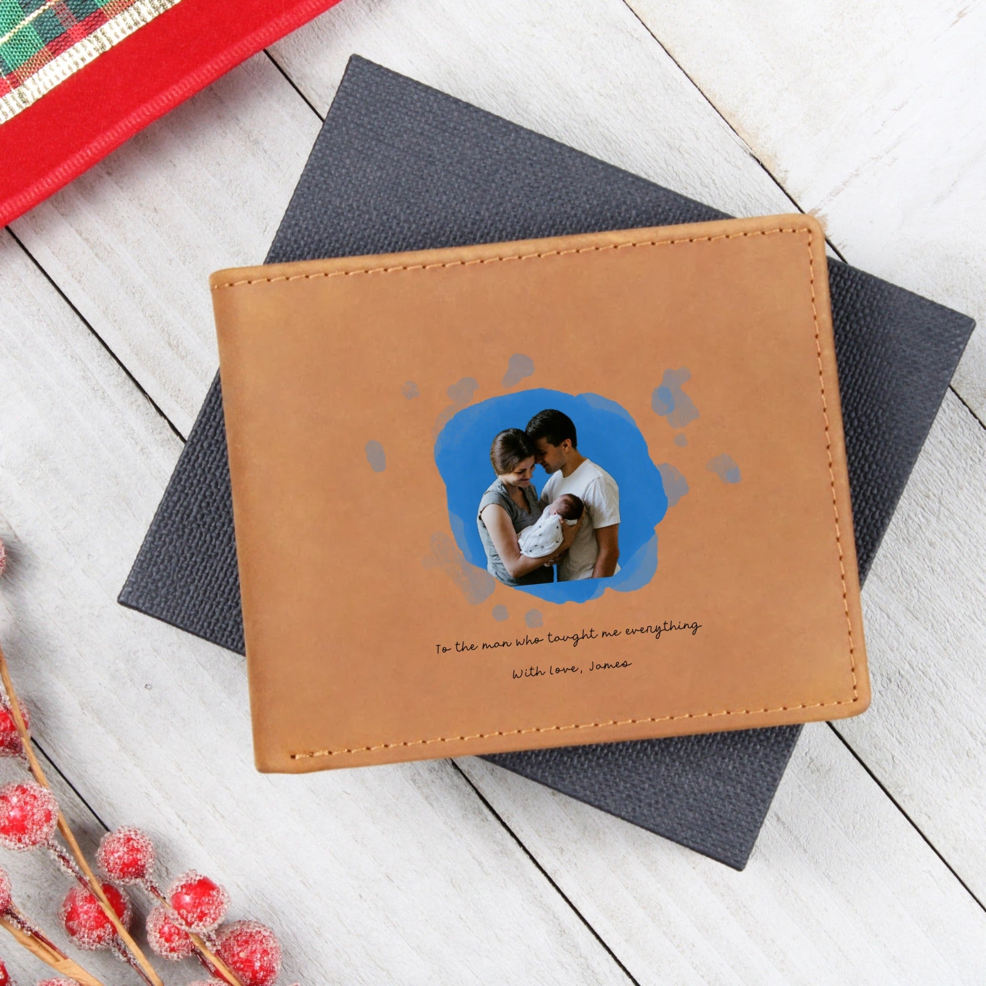 🧡 Custom Photo Leather Wallet – Personalized Splash Background & Message for Dad