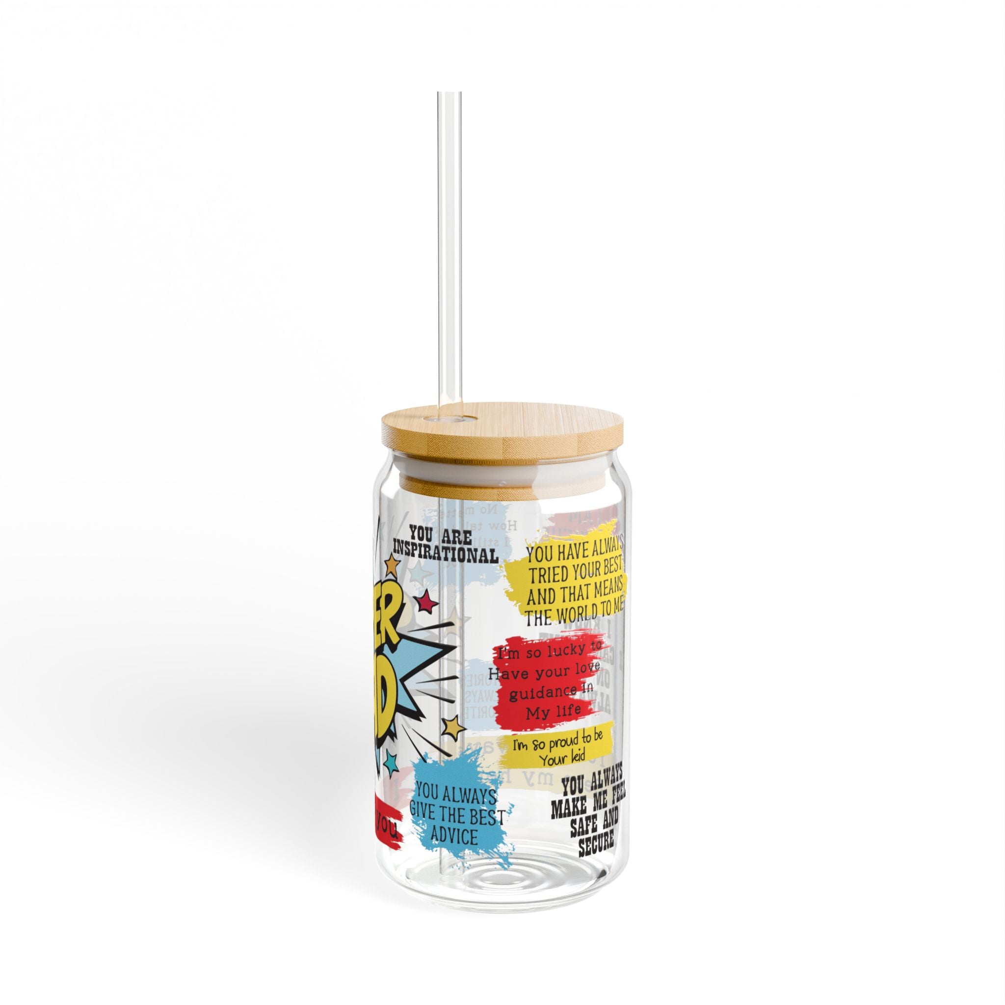 💙 Super Dad Glass Tumbler – 16oz Eco-Friendly Reusable Cup with Bamboo Lid