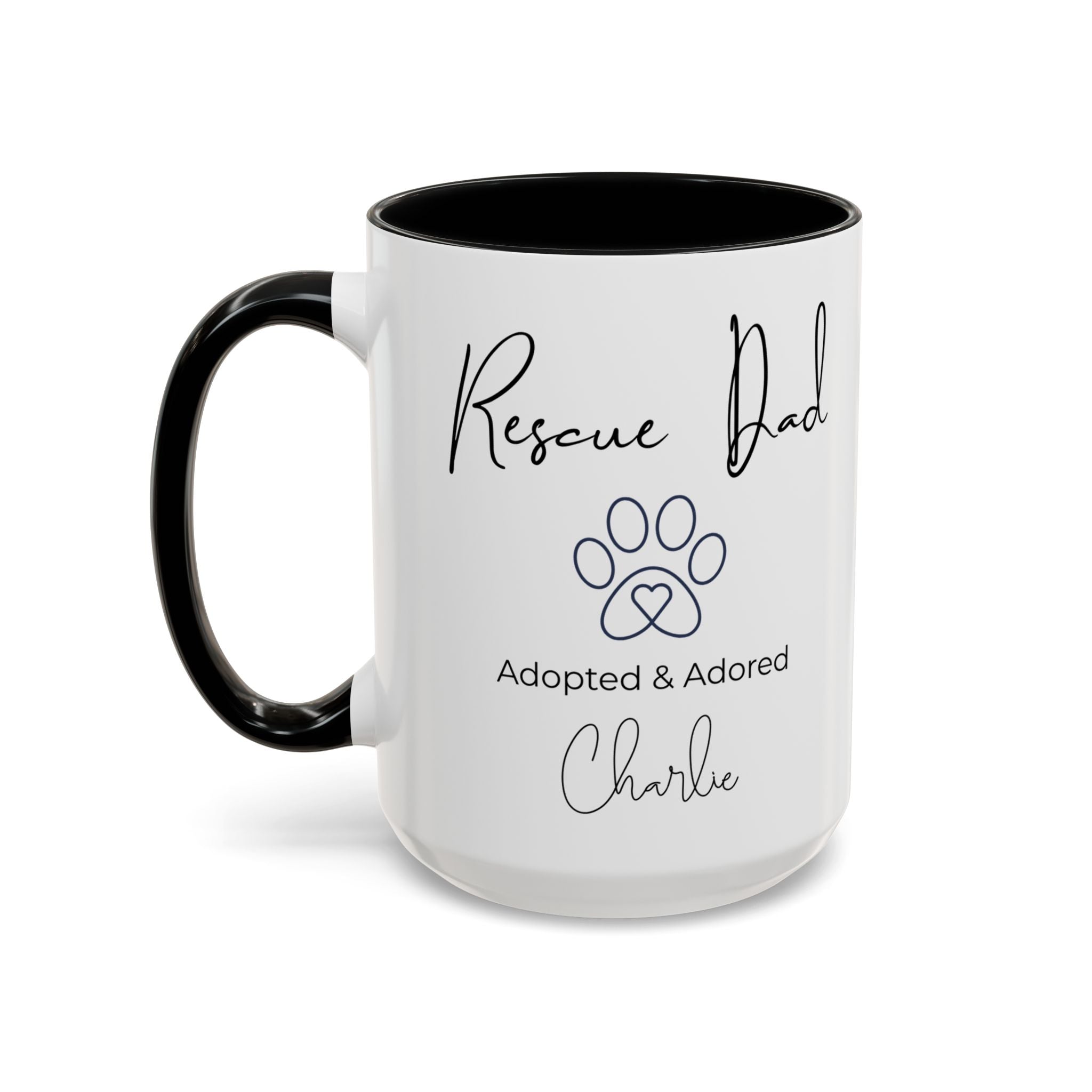 Rescue Dad Mug with Pet Name – Personalized Dog Lover Gift, Adopted & Adored, 15oz Accent Coffee Mug, Dishwasher Safe, USA Made