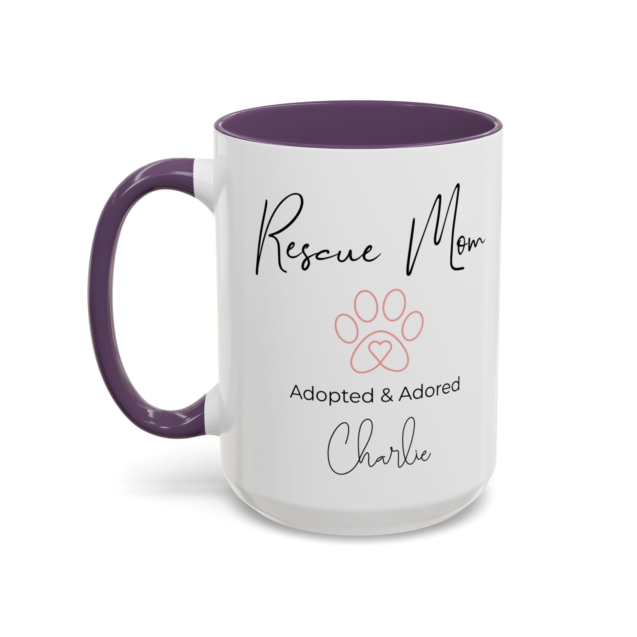 Rescue Mom Mug with Pet Name – Personalized Dog Lover Gift, Adopted & Adored, 15oz Accent Coffee Mug, Dishwasher Safe, USA Made