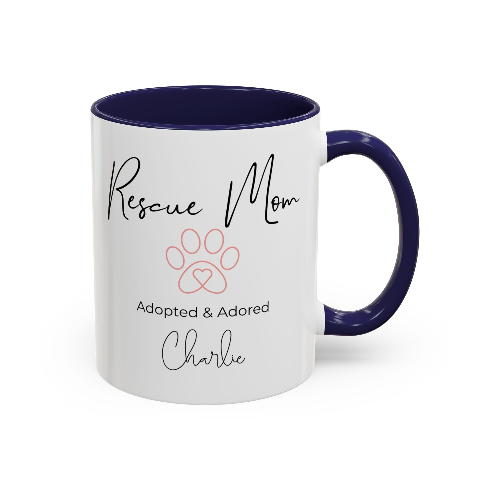 Rescue Mom Mug with Pet Name – Personalized Dog Lover Gift, Adopted & Adored, 15oz Accent Coffee Mug, Dishwasher Safe, USA Made