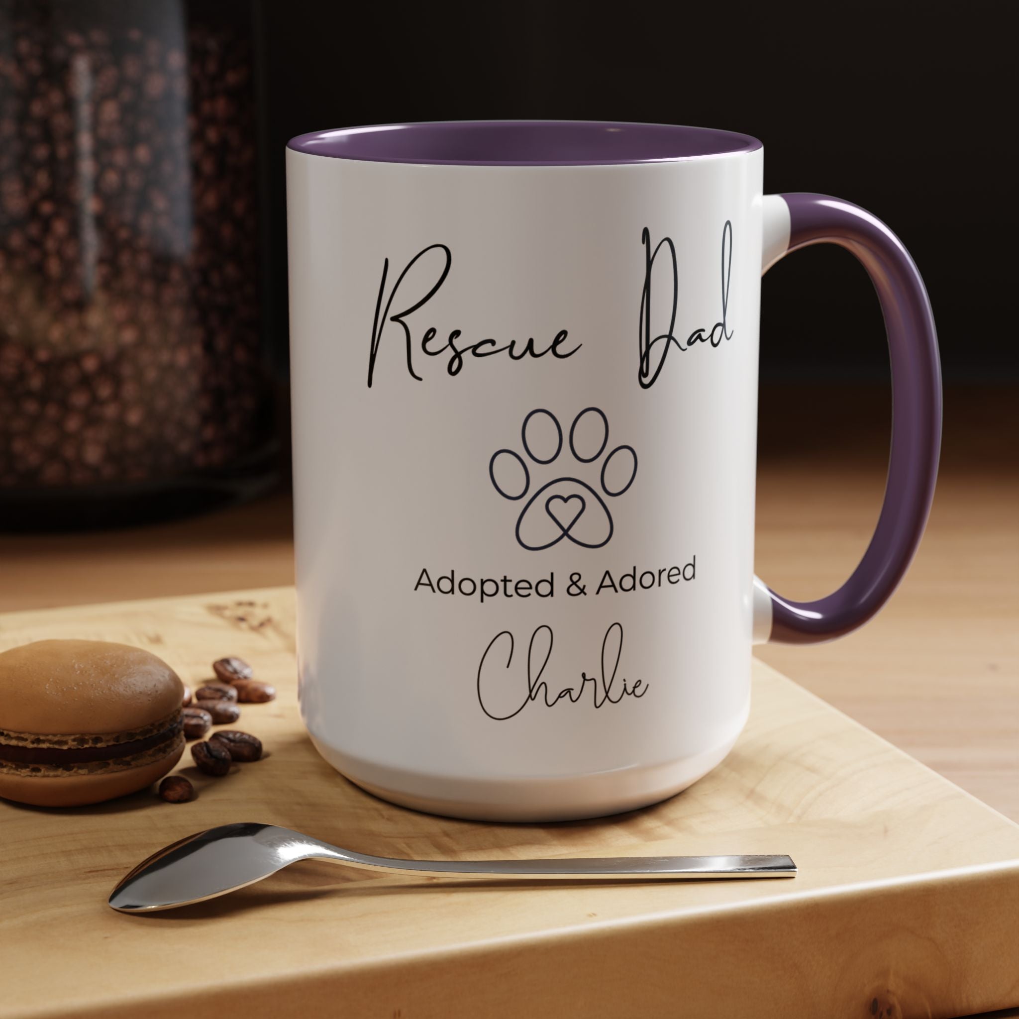 Rescue Dad Mug with Pet Name – Personalized Dog Lover Gift, Adopted & Adored, 15oz Accent Coffee Mug, Dishwasher Safe, USA Made