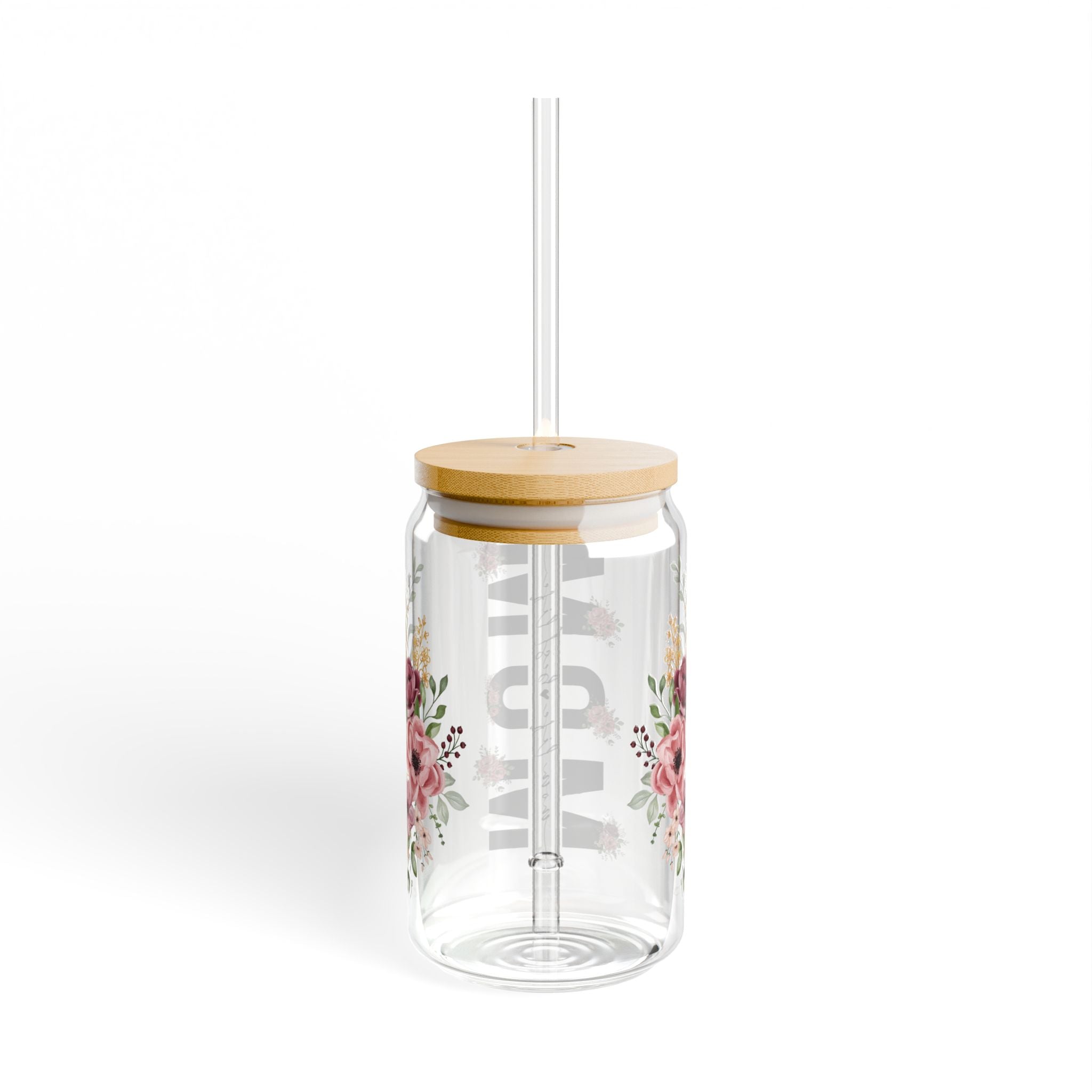 🌸 Floral Mom Life Glass Tumbler – 16oz Reusable Cup with Bamboo Lid & Straw