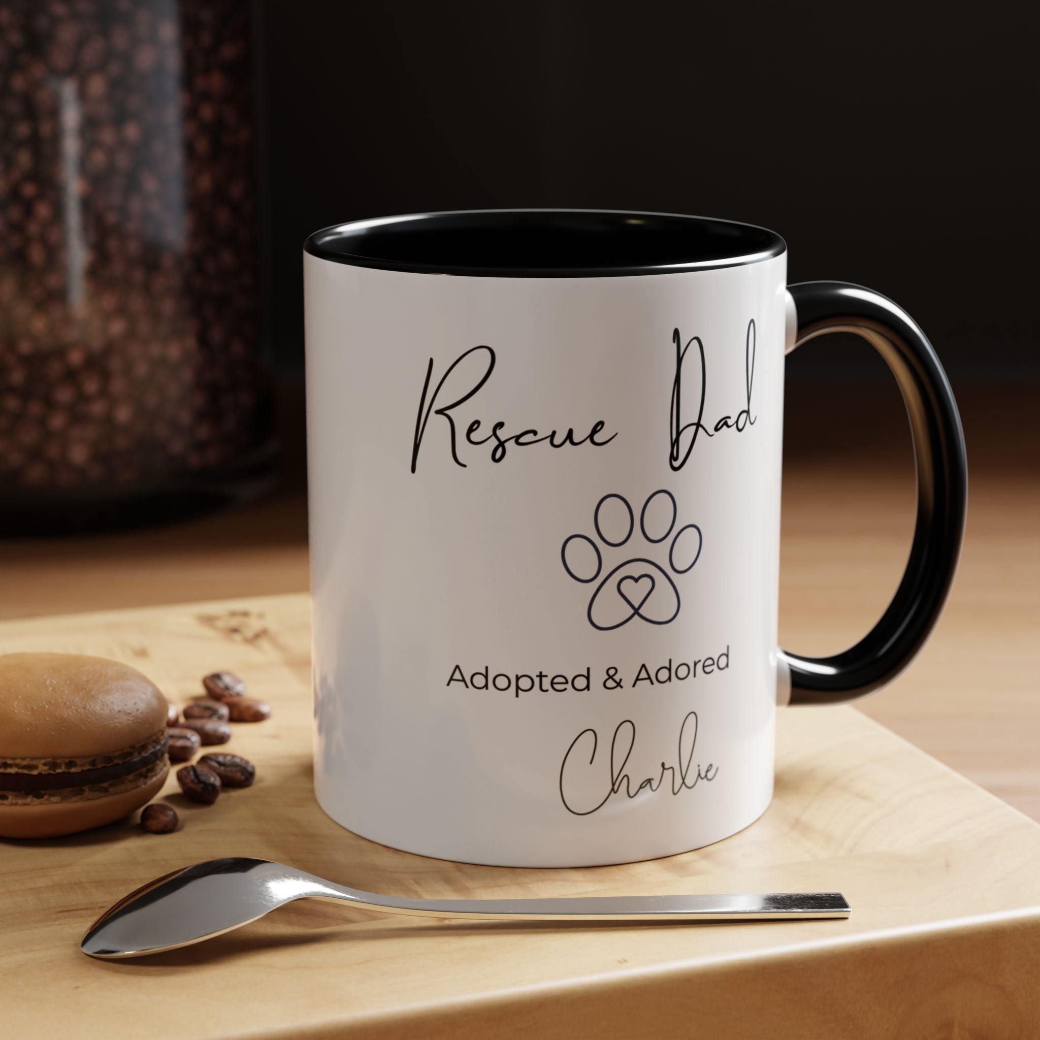 Rescue Dad Mug with Pet Name – Personalized Dog Lover Gift, Adopted & Adored, 15oz Accent Coffee Mug, Dishwasher Safe, USA Made