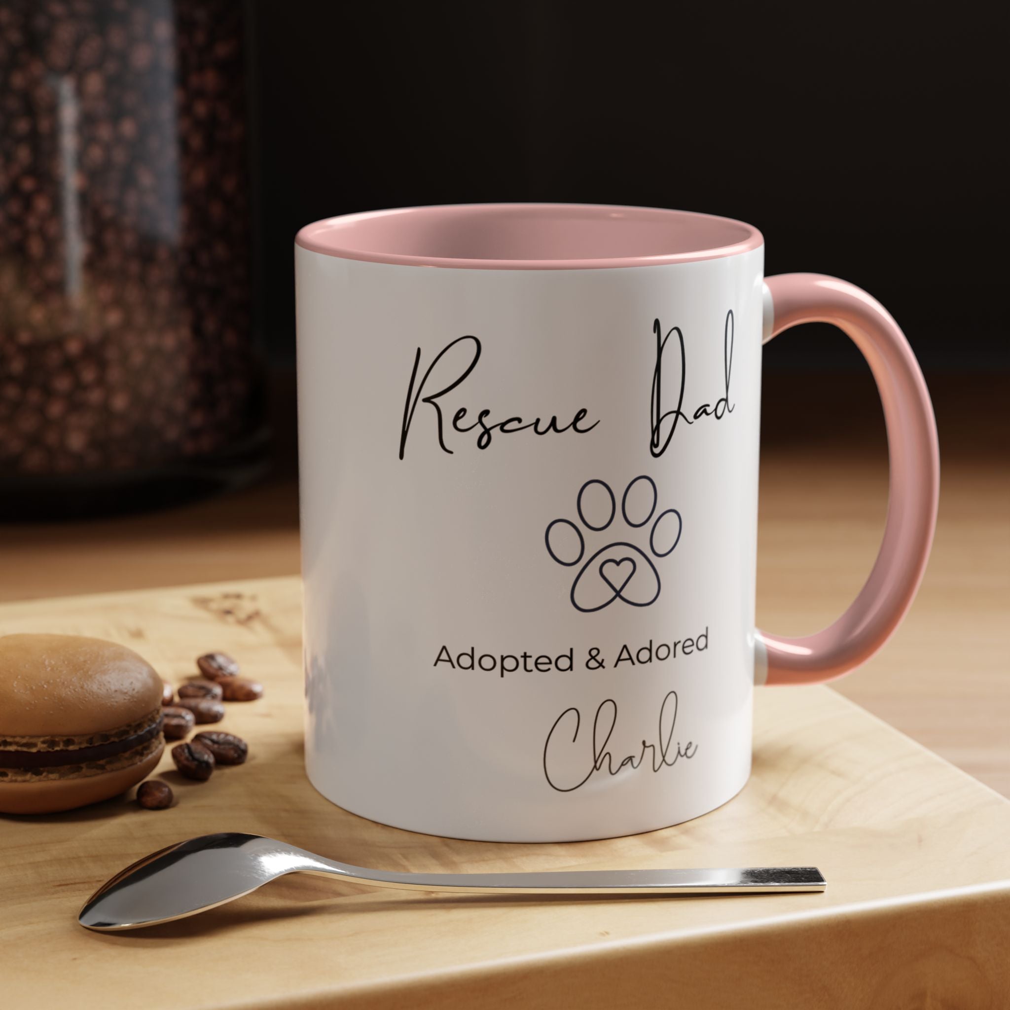 Rescue Dad Mug with Pet Name – Personalized Dog Lover Gift, Adopted & Adored, 15oz Accent Coffee Mug, Dishwasher Safe, USA Made