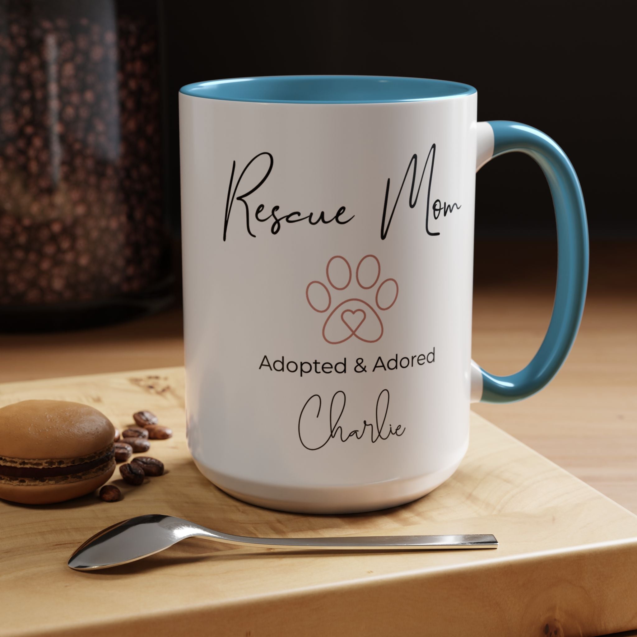 Rescue Mom Mug with Pet Name – Personalized Dog Lover Gift, Adopted & Adored, 15oz Accent Coffee Mug, Dishwasher Safe, USA Made