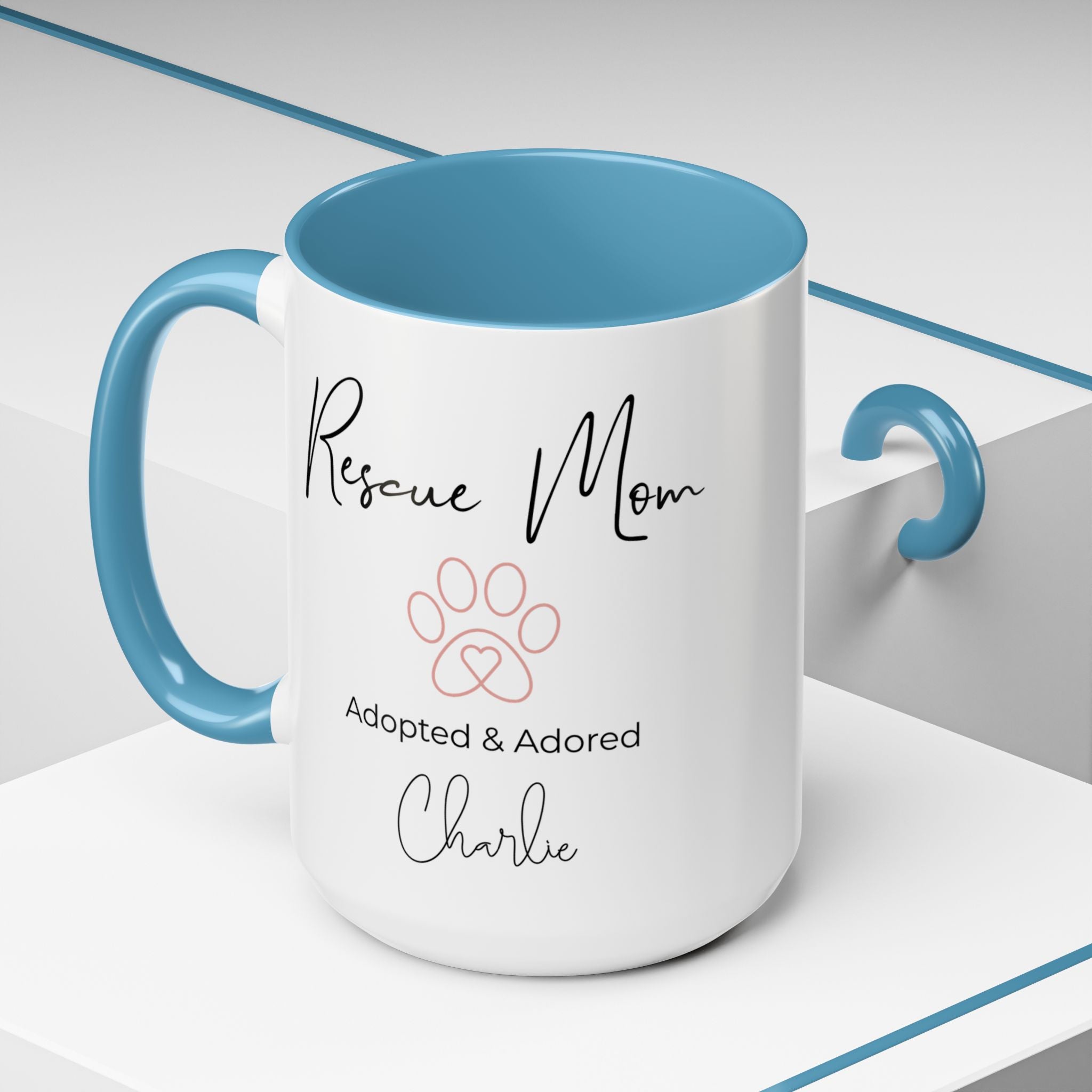 Rescue Mom Mug with Pet Name – Personalized Dog Lover Gift, Adopted & Adored, 15oz Accent Coffee Mug, Dishwasher Safe, USA Made