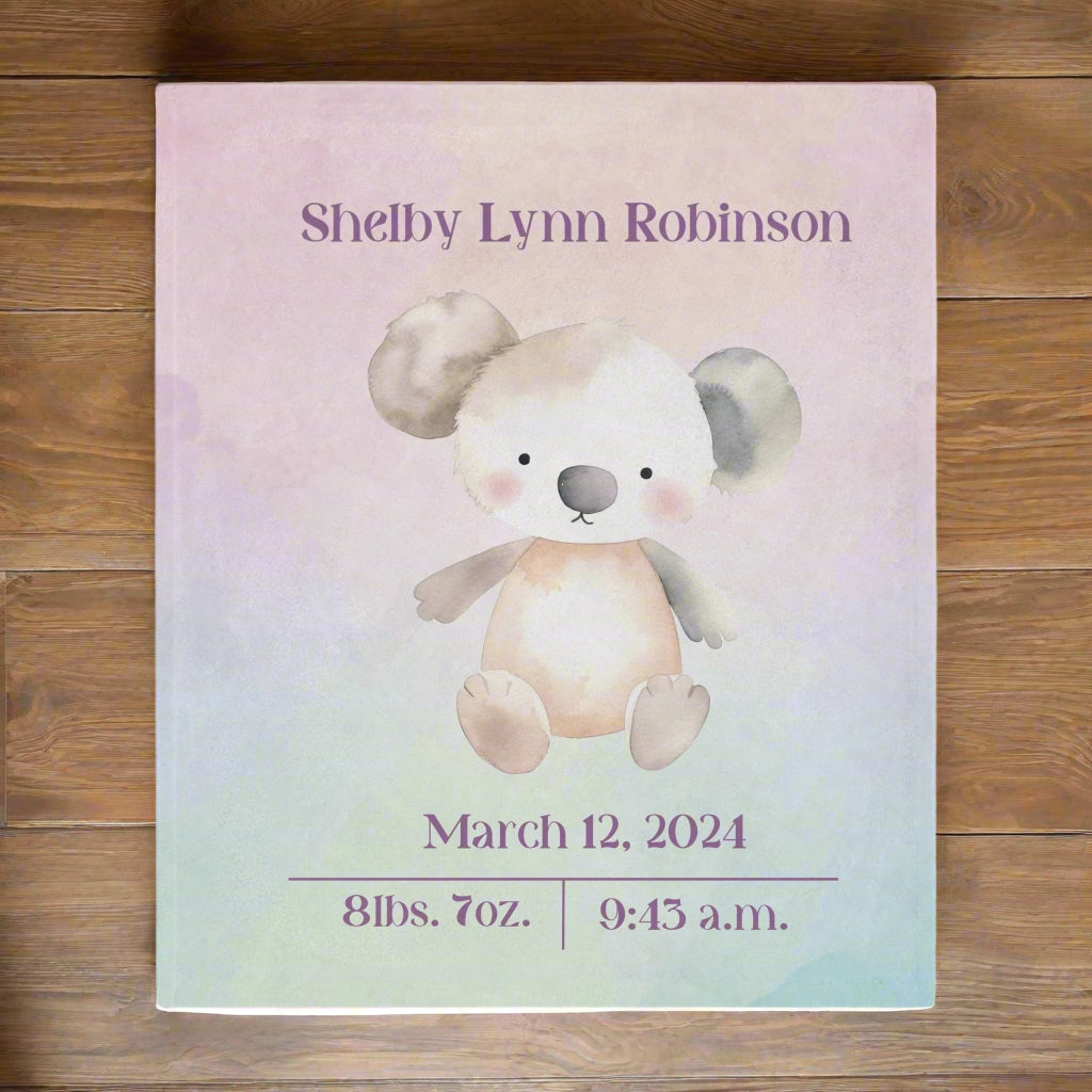 🧸 Personalized Baby Minky Blanket – Custom Koala Design for Newborns & Parents