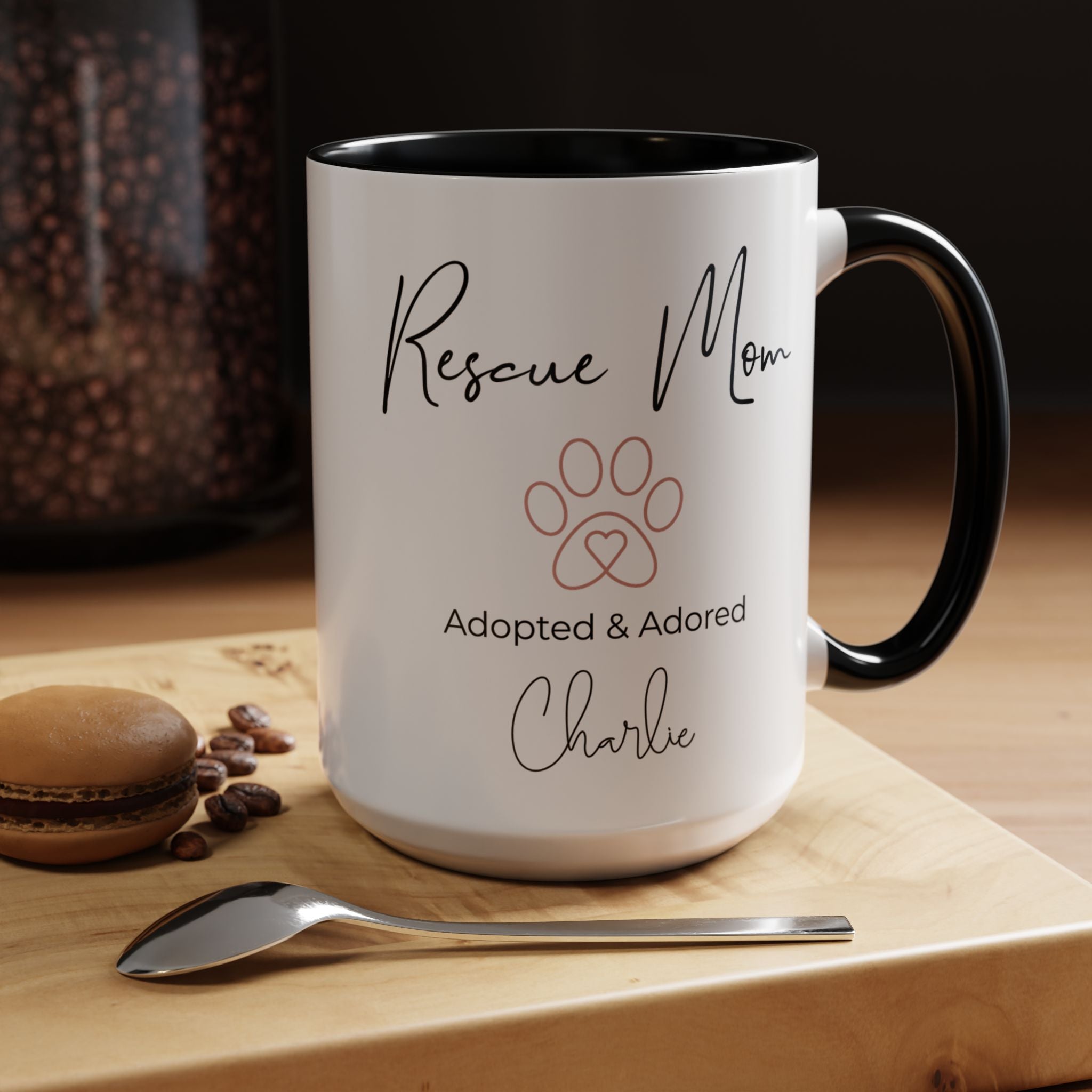 Rescue Mom Mug with Pet Name – Personalized Dog Lover Gift, Adopted & Adored, 15oz Accent Coffee Mug, Dishwasher Safe, USA Made