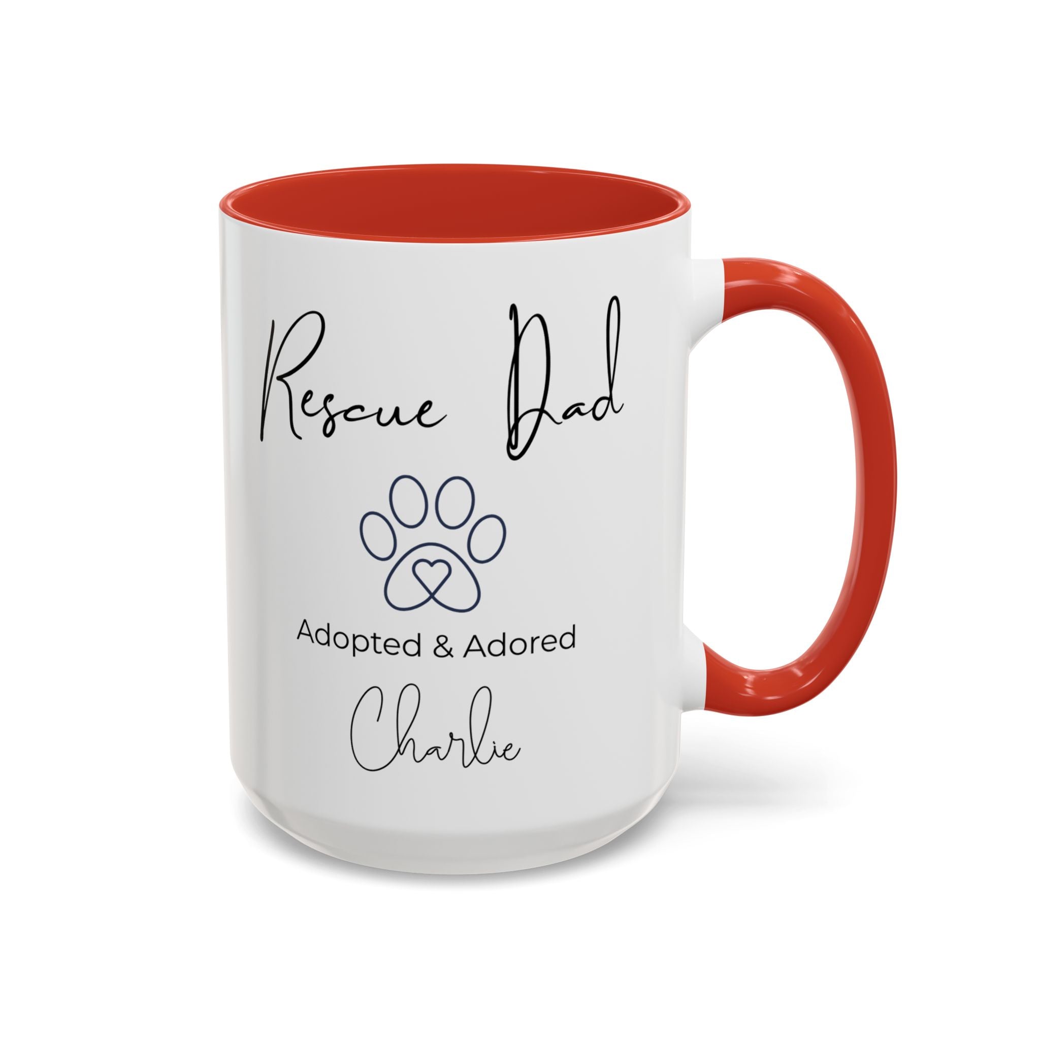 Rescue Dad Mug with Pet Name – Personalized Dog Lover Gift, Adopted & Adored, 15oz Accent Coffee Mug, Dishwasher Safe, USA Made