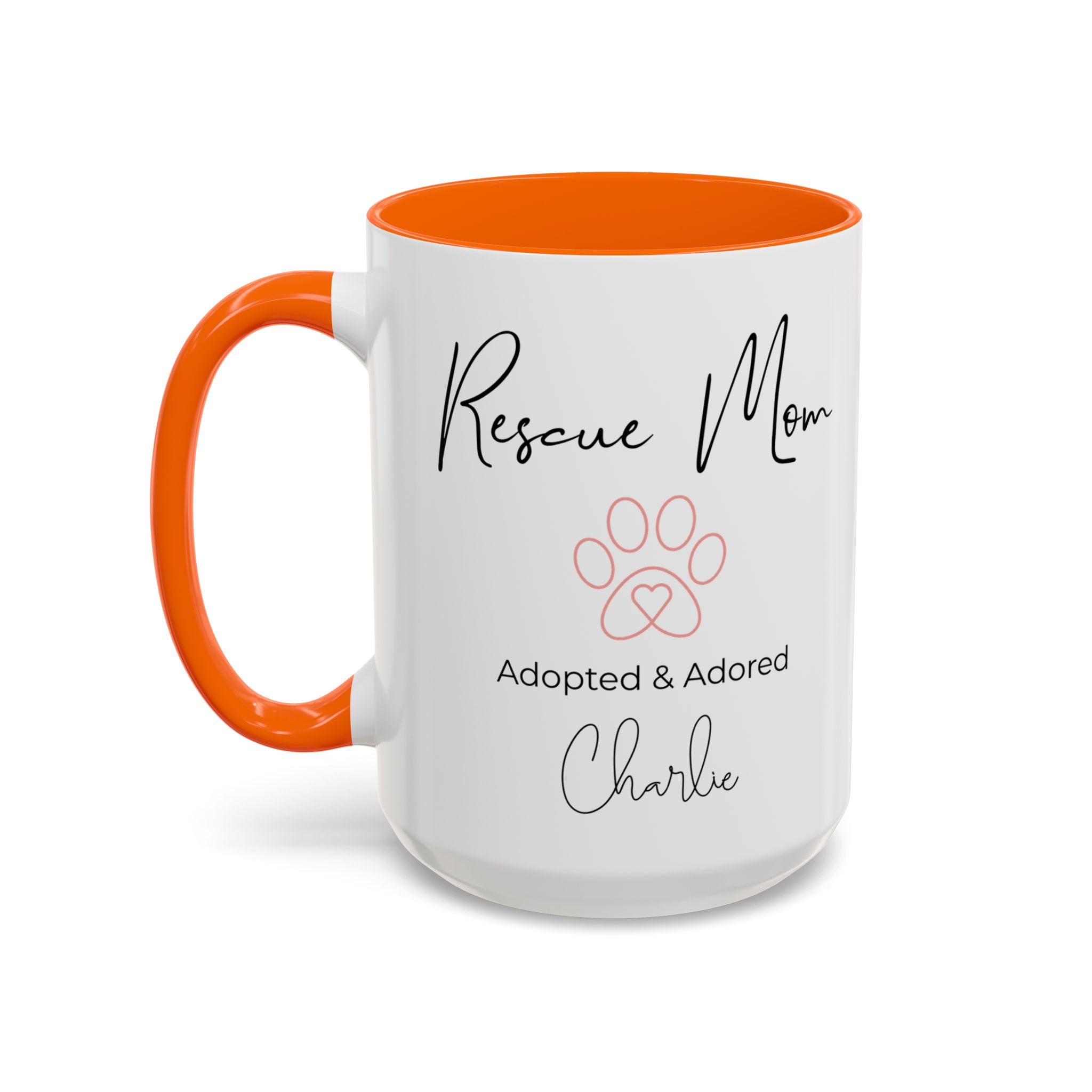 Rescue Mom Mug with Pet Name – Personalized Dog Lover Gift, Adopted & Adored, 15oz Accent Coffee Mug, Dishwasher Safe, USA Made