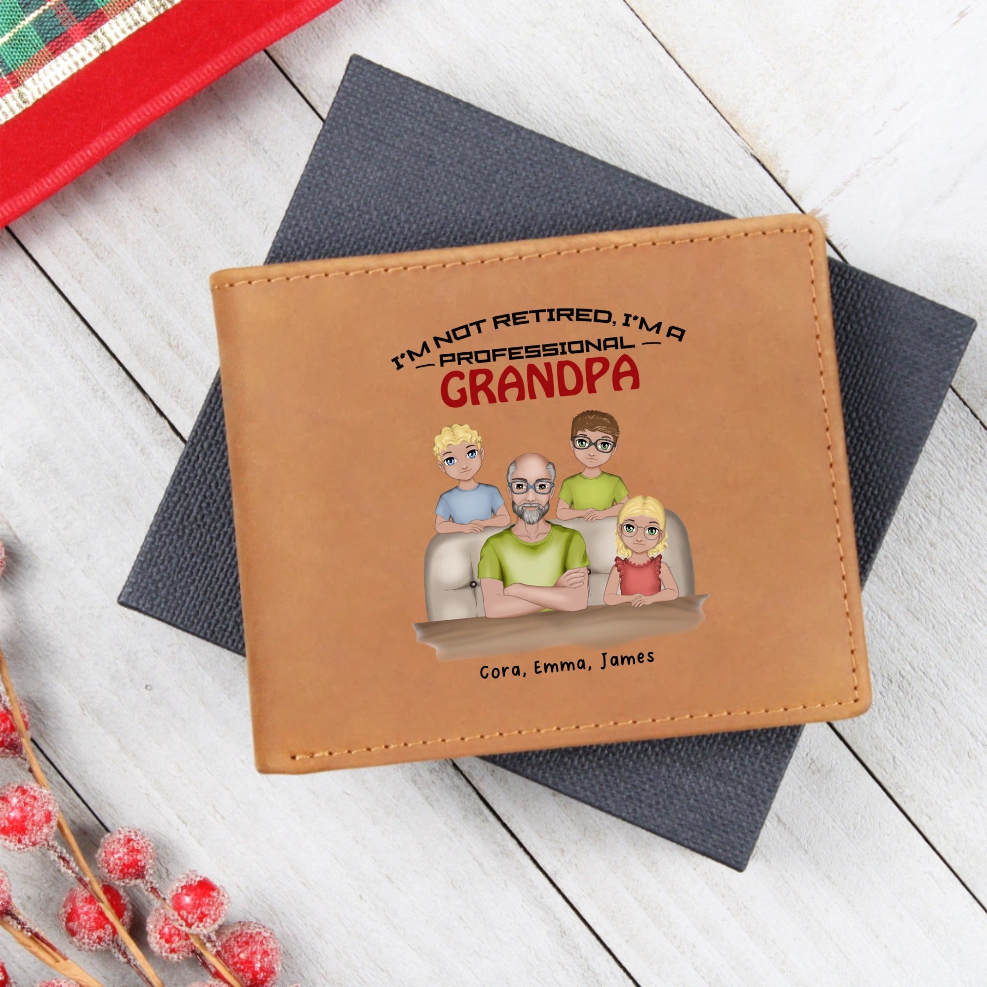 👴 Custom Grandpa Wallet – Personalized Leather Bifold with Grandkids' Names & Characters