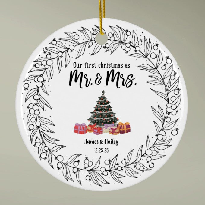 First Christmas as Mr. & Mrs. Ornament – Personalized Ceramic Keepsake, Custom Names & Date, Holiday Gift