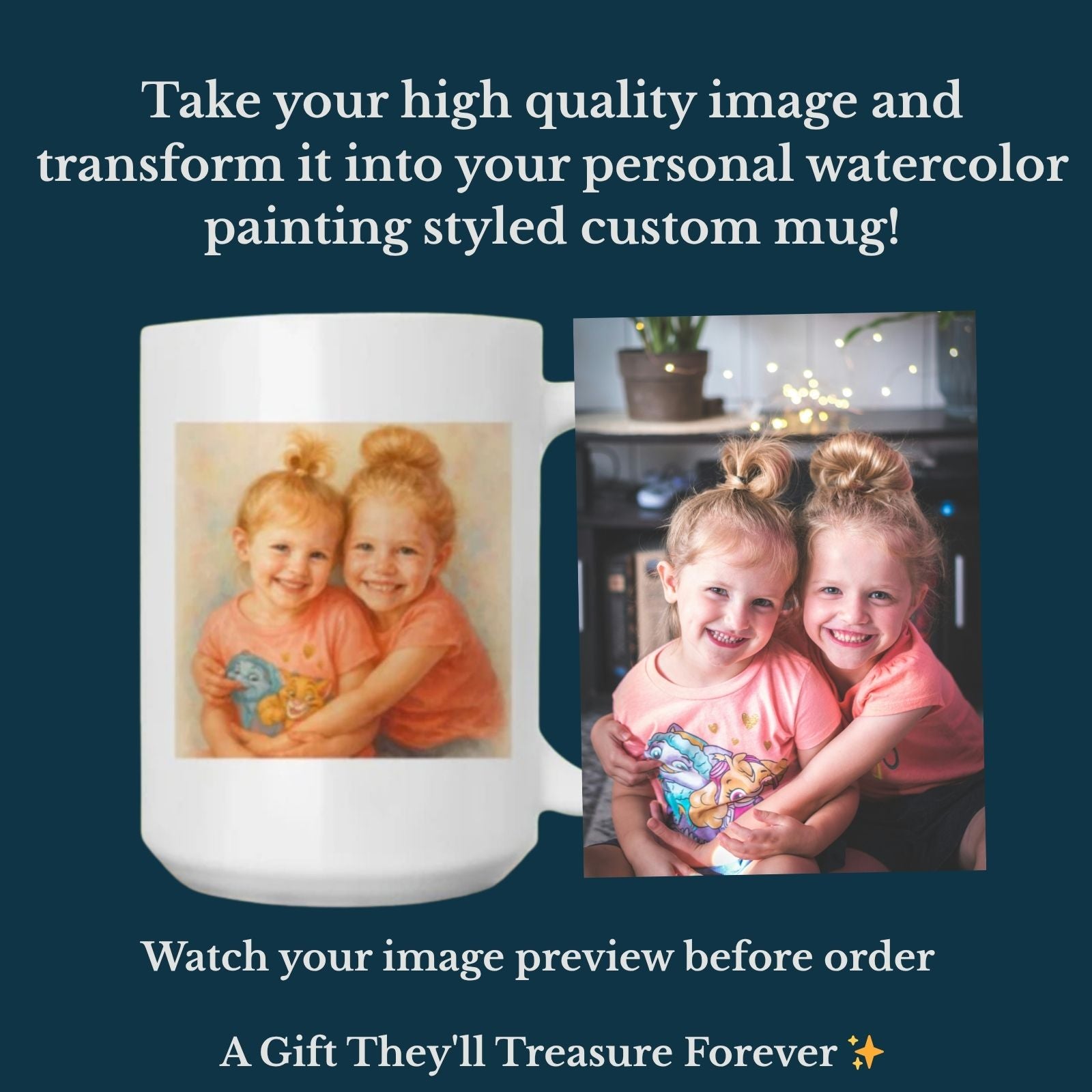 Custom Watercolor Portrait Mug – 15oz Personalized Ceramic Coffee Cup, Pet or Family Photo Gift