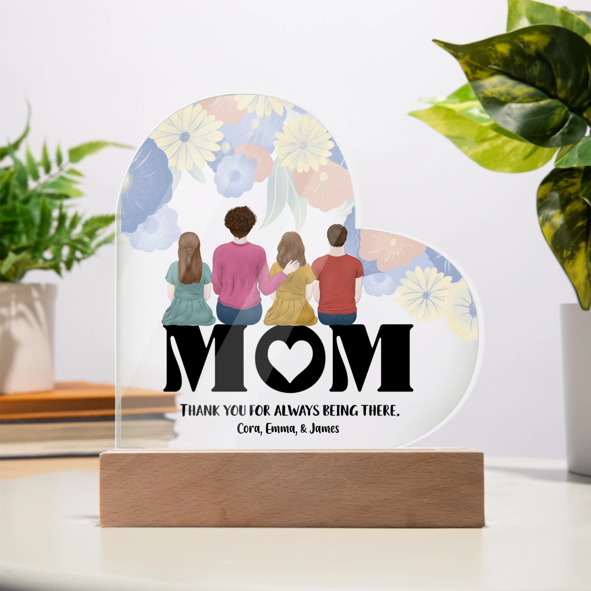 💖 Personalized Heart-Shaped Acrylic Light-Up Plaque – Custom Mom Gift with Kids & Names