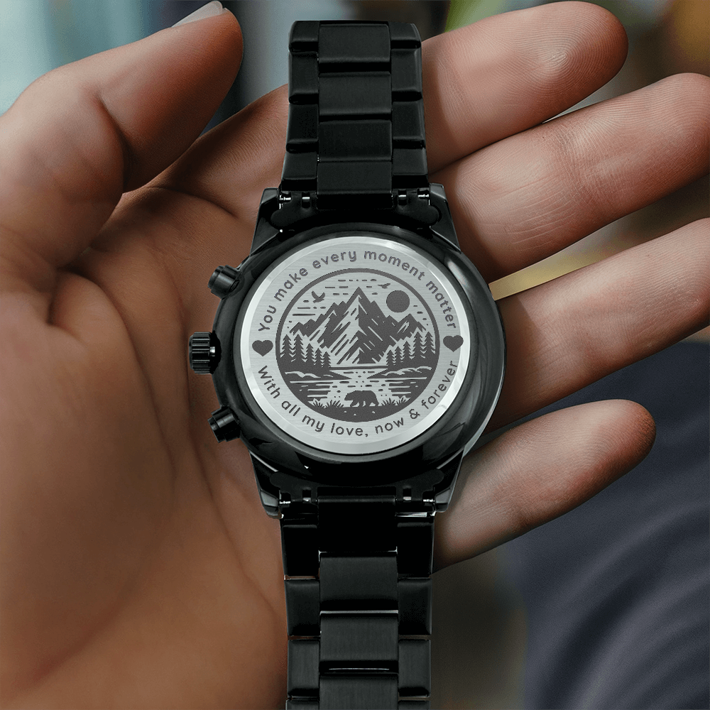 🖤 “Loved Now & Forever” – Engraved Black Chronograph Watch | Wild Nature Design for Him