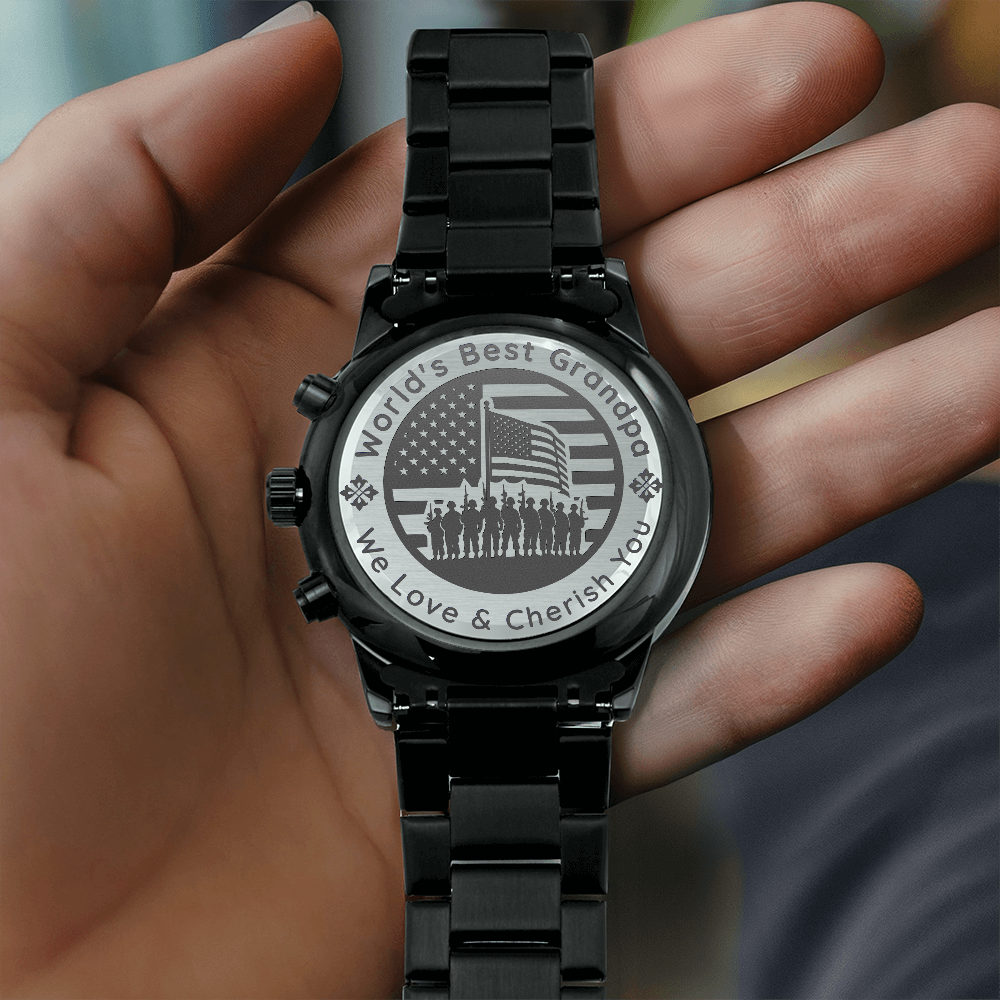 Veteran Grandpa – Engraved Black Chronograph Watch | “World’s Best Grandpa” Military Tribute Gift