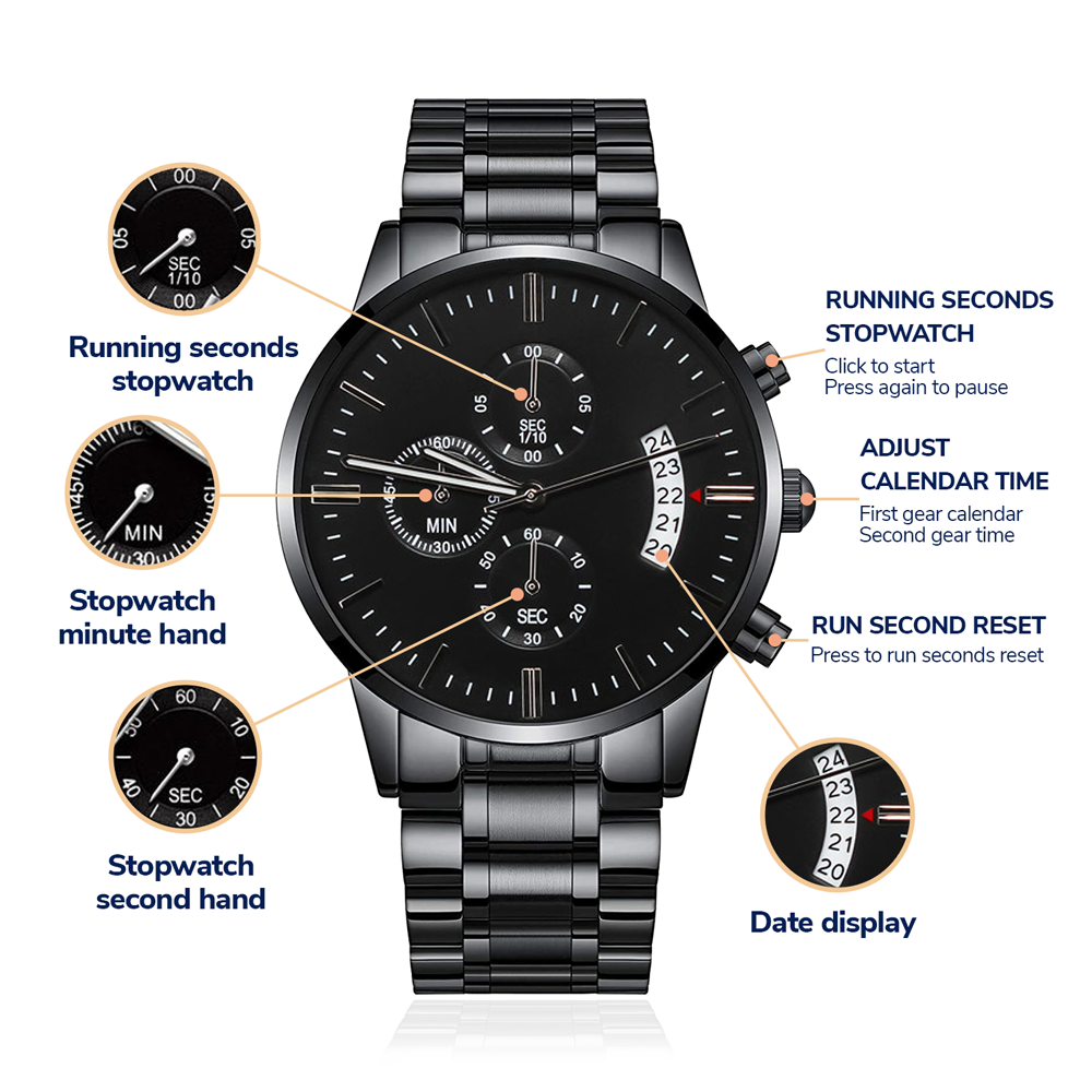 🖤 “Loved Now & Forever” – Engraved Black Chronograph Watch | Wild Nature Design for Him