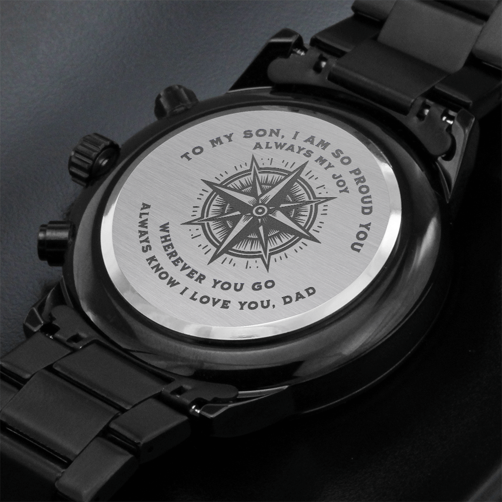 ⌚ To My Son – Engraved Black Chronograph Watch | "Wherever You Go, I Love You" Gift from Dad