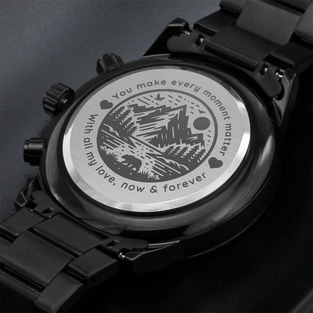 🖤 “Loved Now & Forever” – Engraved Black Chronograph Watch | Wild Nature Design for Him