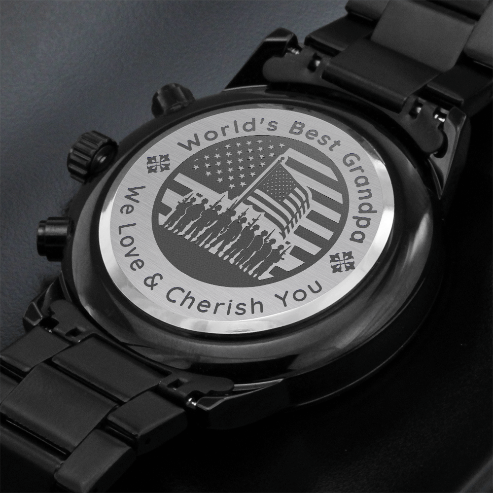 Veteran Grandpa – Engraved Black Chronograph Watch | “World’s Best Grandpa” Military Tribute Gift