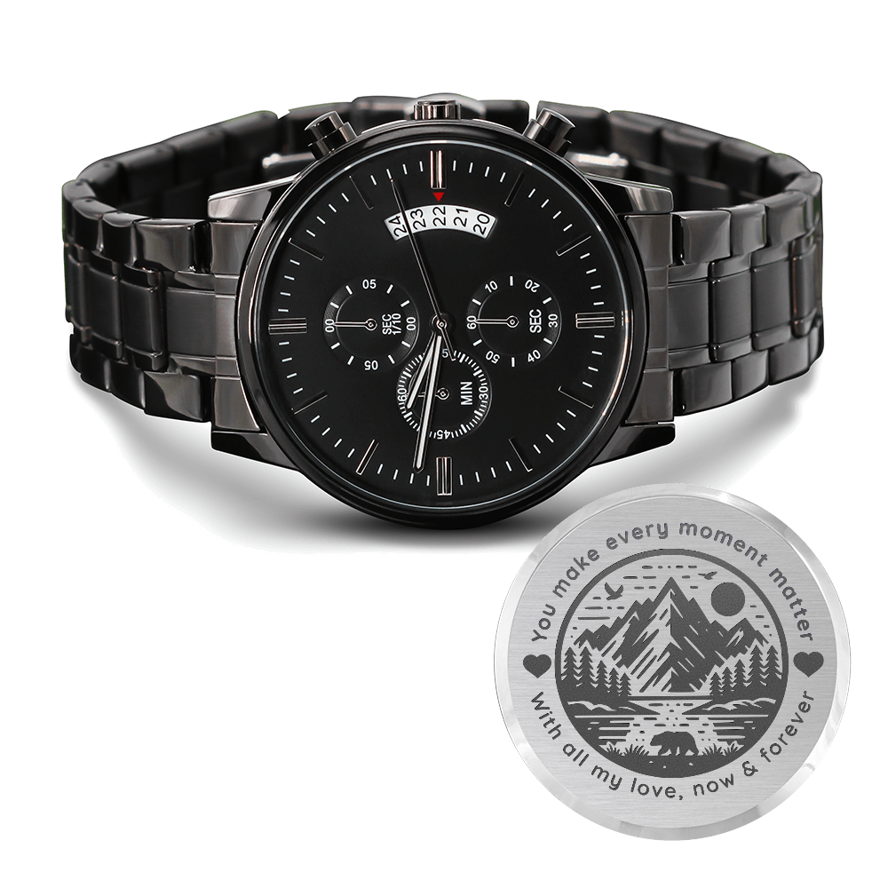 🖤 “Loved Now & Forever” – Engraved Black Chronograph Watch | Wild Nature Design for Him