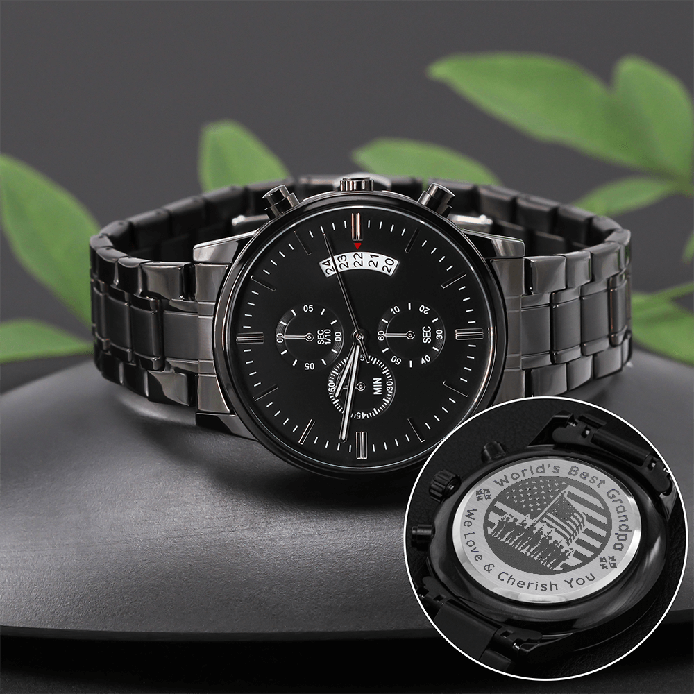 Veteran Grandpa – Engraved Black Chronograph Watch | “World’s Best Grandpa” Military Tribute Gift