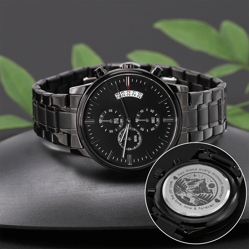 🖤 “Loved Now & Forever” – Engraved Black Chronograph Watch | Wild Nature Design for Him