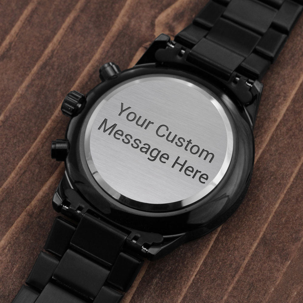 Engraved Black Chronograph Watch – Personalized Men’s Gift with Custom Back Message