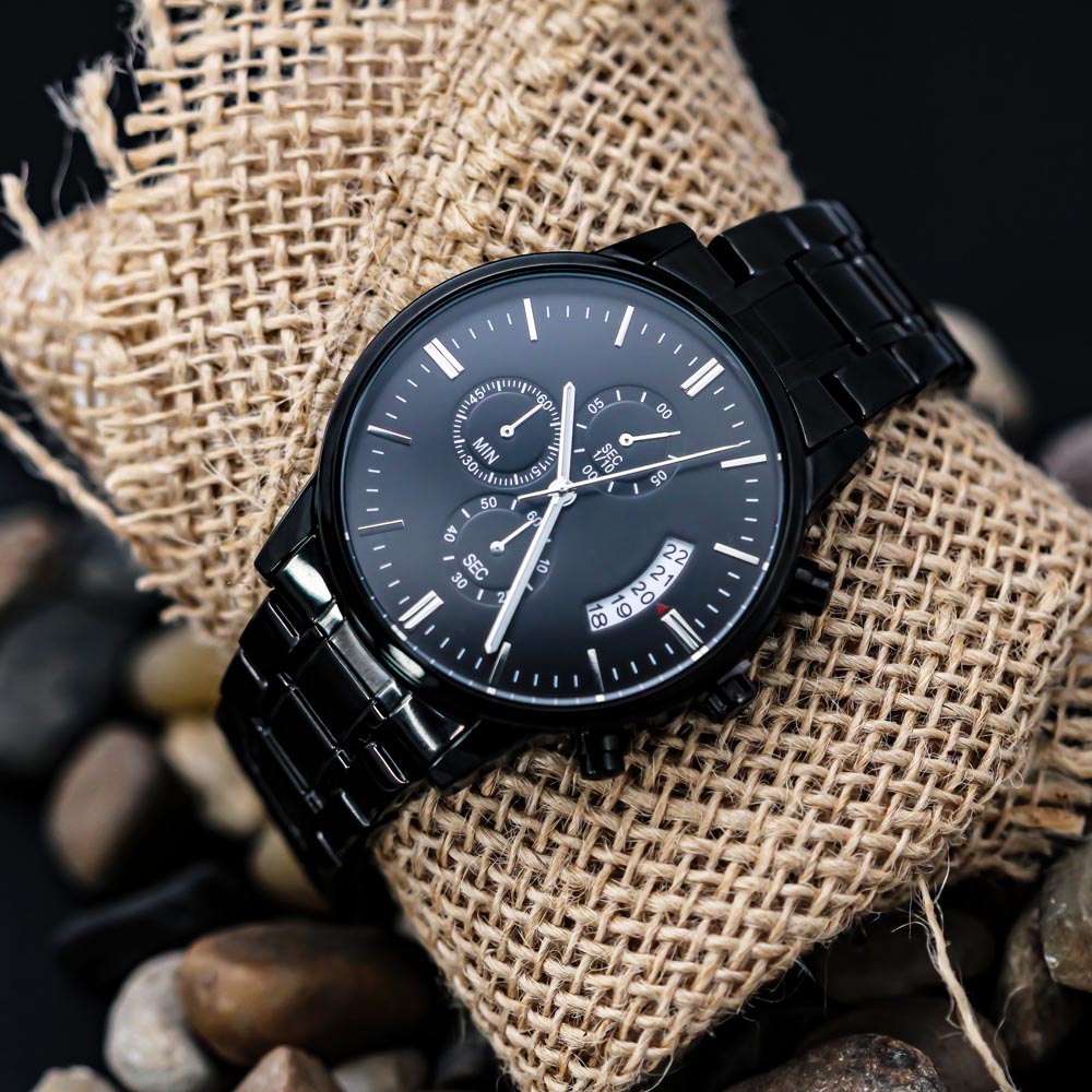 Engraved Black Chronograph Watch – Personalized Men’s Gift with Custom Back Message