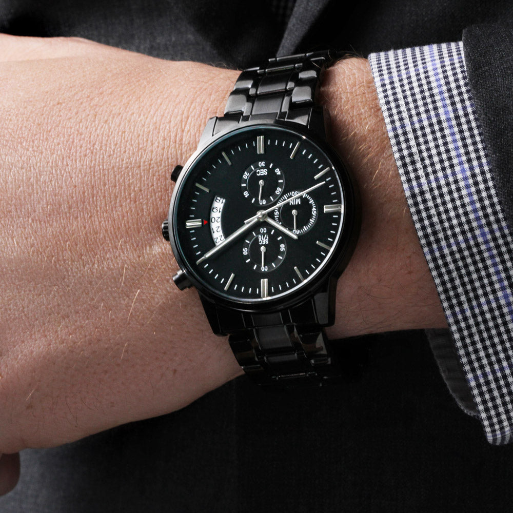 Engraved Black Chronograph Watch – Personalized Men’s Gift with Custom Back Message