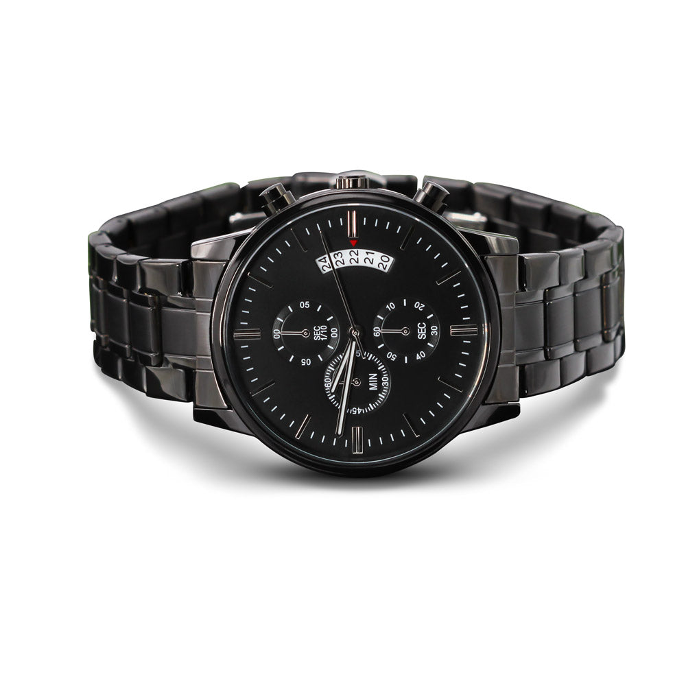 Engraved Black Chronograph Watch – Personalized Men’s Gift with Custom Back Message