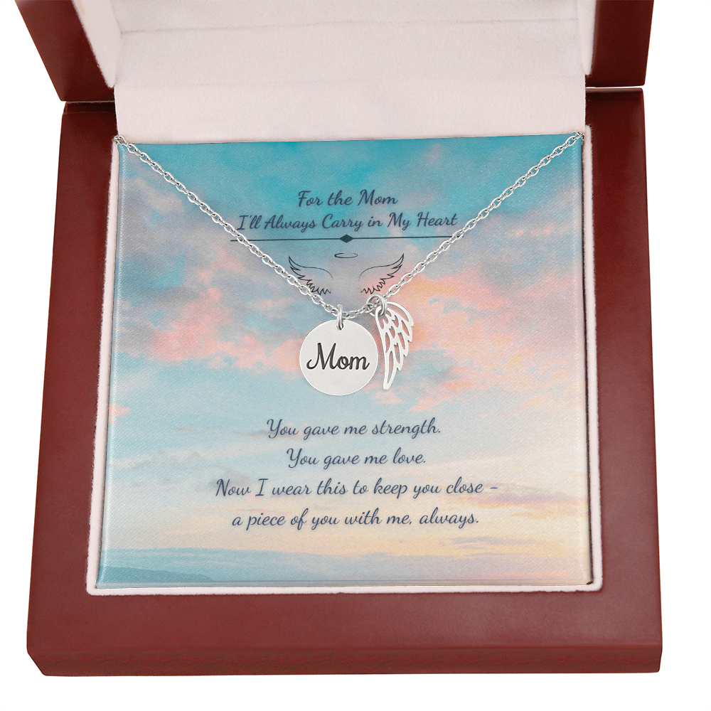 Memorial Necklace for Mom – Angel Wing & Disc Pendant – "Always in My Heart" Remembrance Gift
