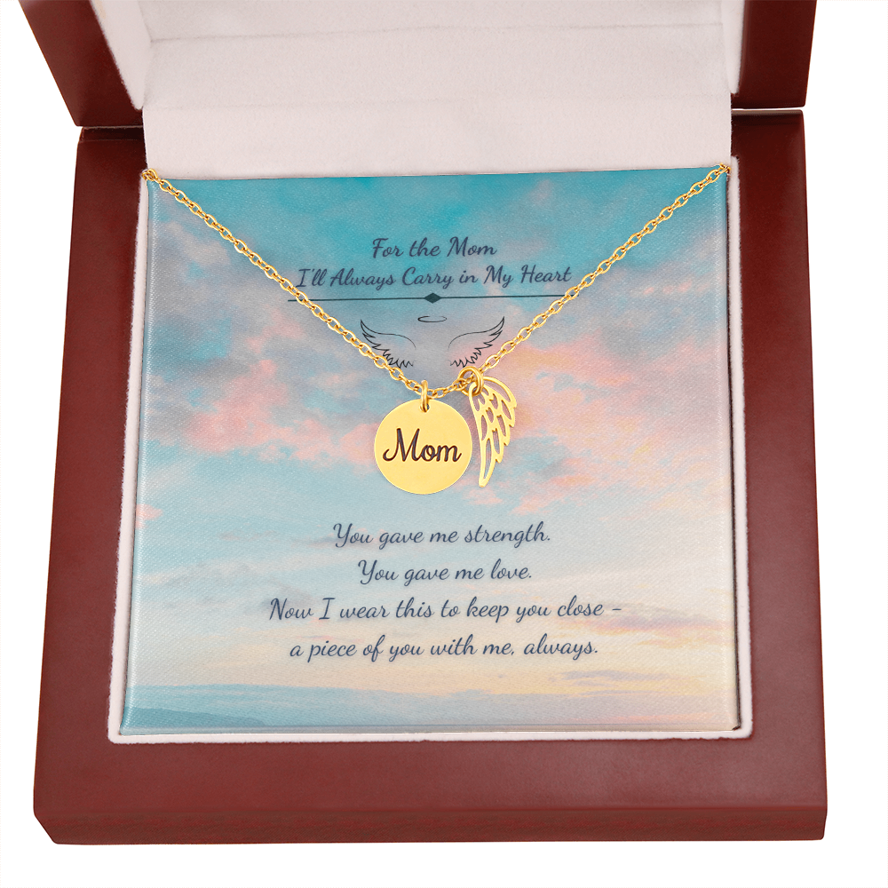 Memorial Necklace for Mom – Angel Wing & Disc Pendant – "Always in My Heart" Remembrance Gift