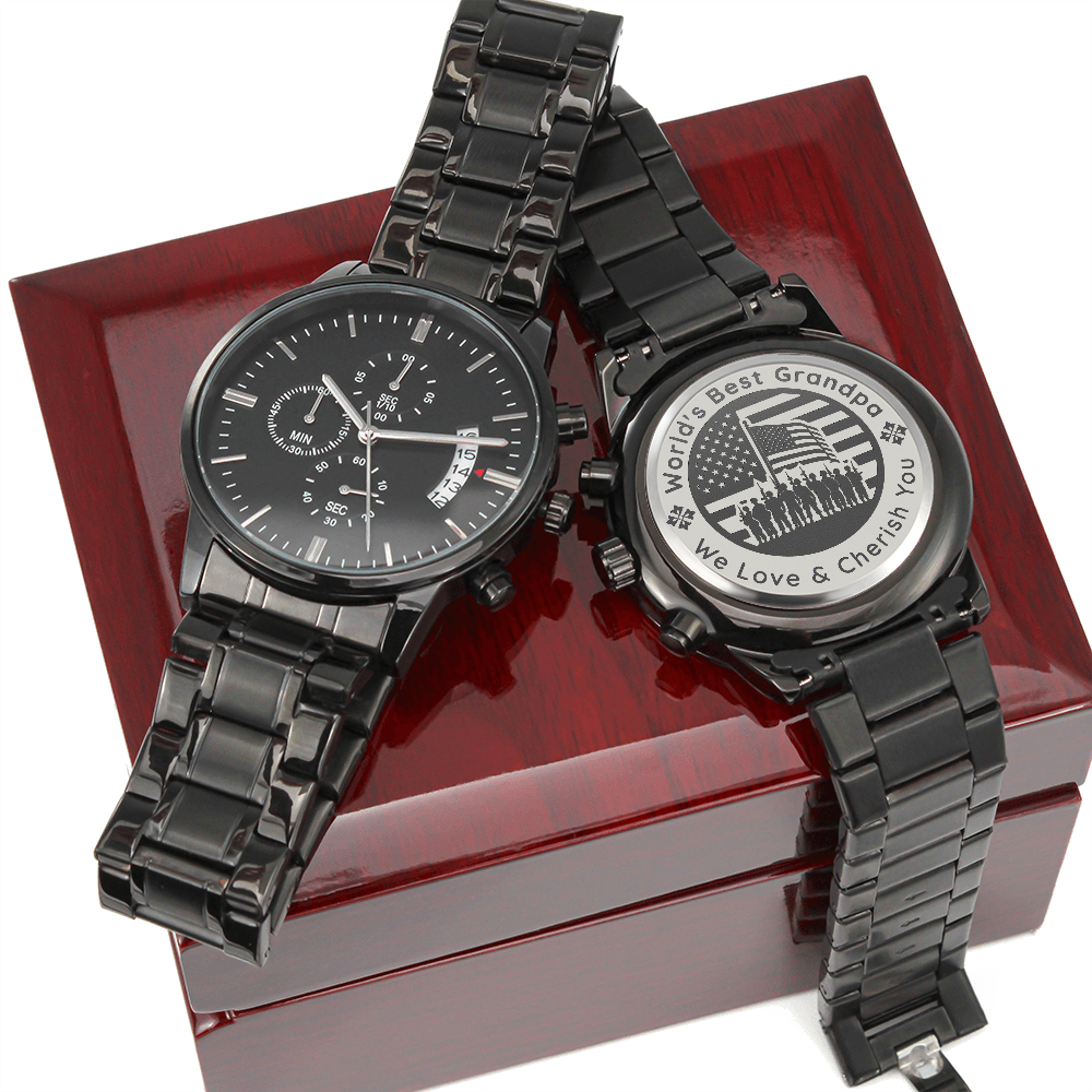Veteran Grandpa – Engraved Black Chronograph Watch | “World’s Best Grandpa” Military Tribute Gift