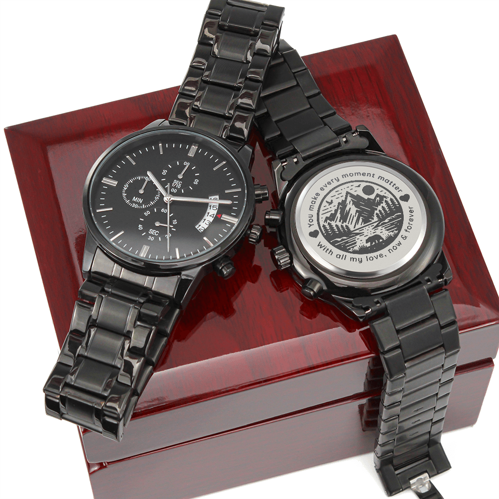 🖤 “Loved Now & Forever” – Engraved Black Chronograph Watch | Wild Nature Design for Him