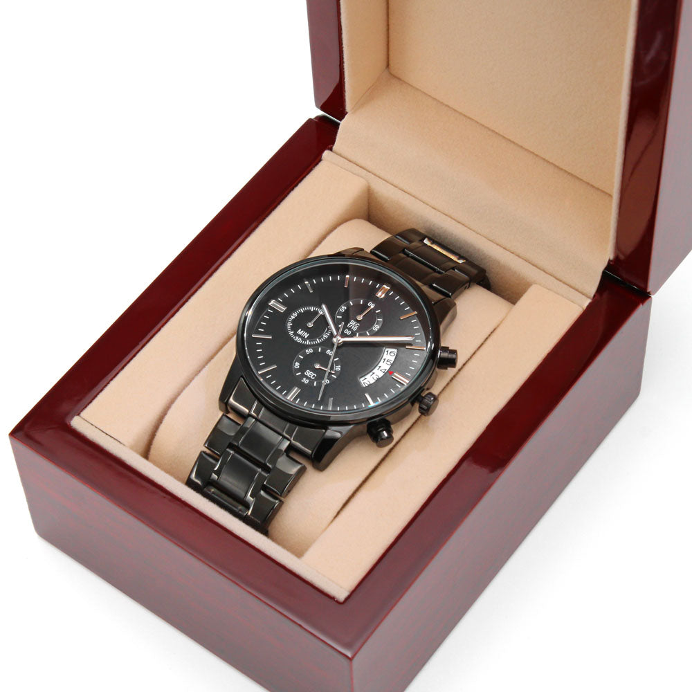 🖤 “Loved Now & Forever” – Engraved Black Chronograph Watch | Wild Nature Design for Him