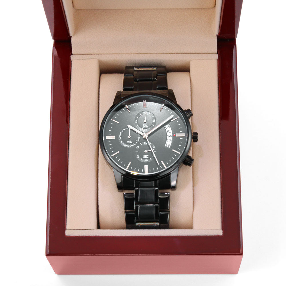🖤 “Loved Now & Forever” – Engraved Black Chronograph Watch | Wild Nature Design for Him