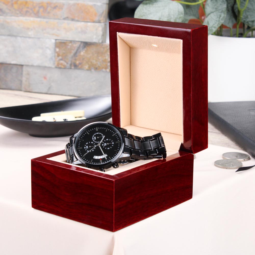 🖤 “Loved Now & Forever” – Engraved Black Chronograph Watch | Wild Nature Design for Him