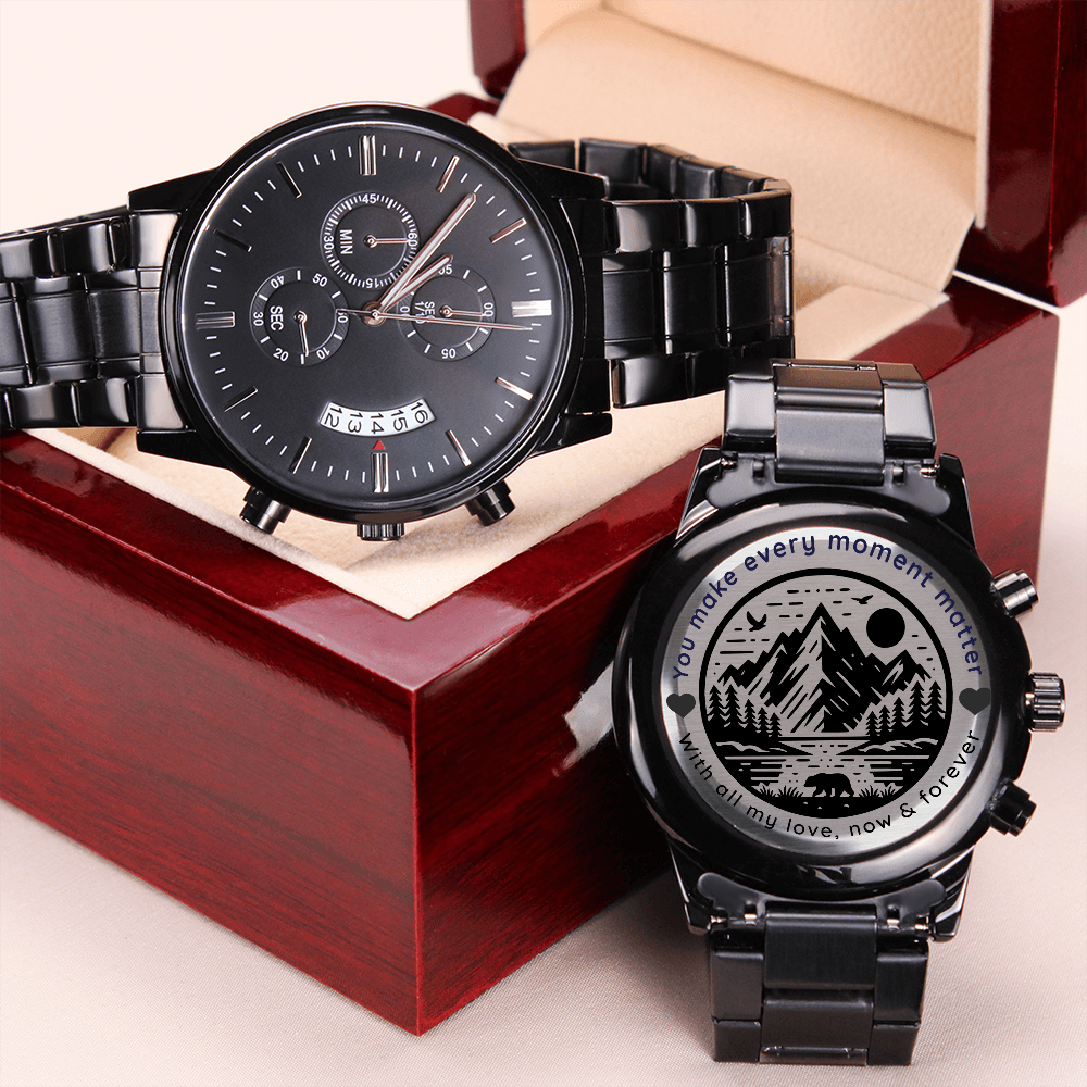 🖤 “Loved Now & Forever” – Engraved Black Chronograph Watch | Wild Nature Design for Him