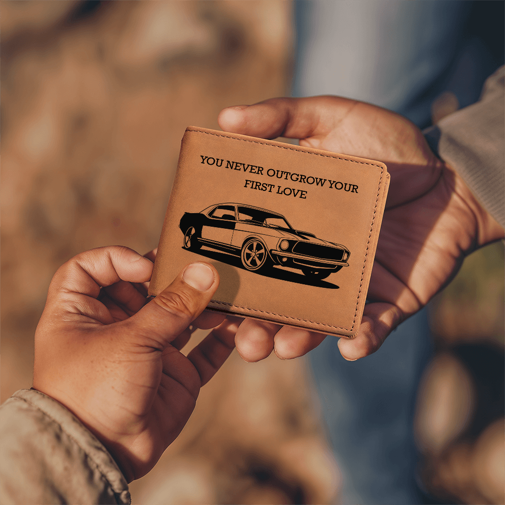 🚘 Classic Mustang Leather Wallet – "You Never Outgrow Your First Love" – Car Gift for Men