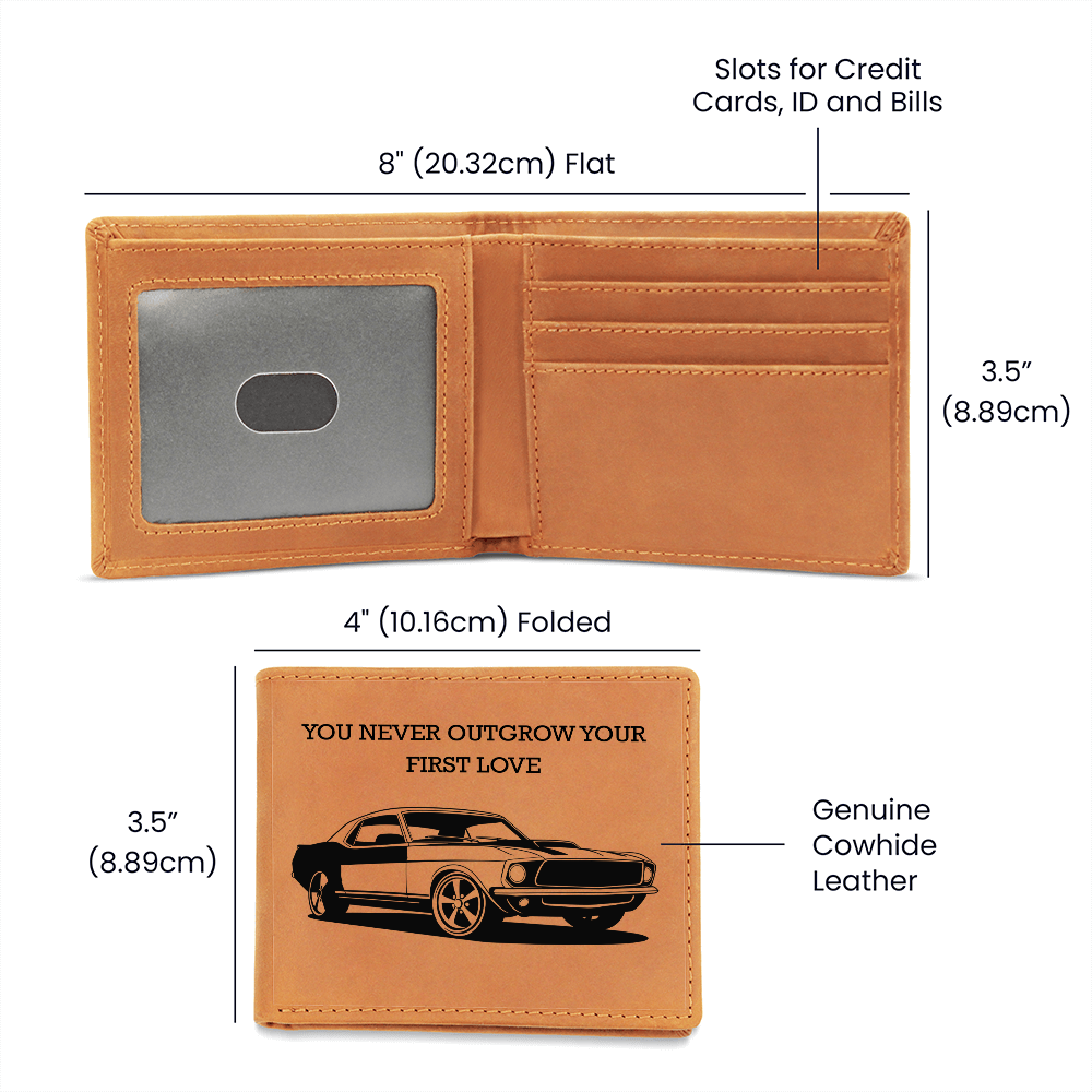 🚘 Classic Mustang Leather Wallet – "You Never Outgrow Your First Love" – Car Gift for Men
