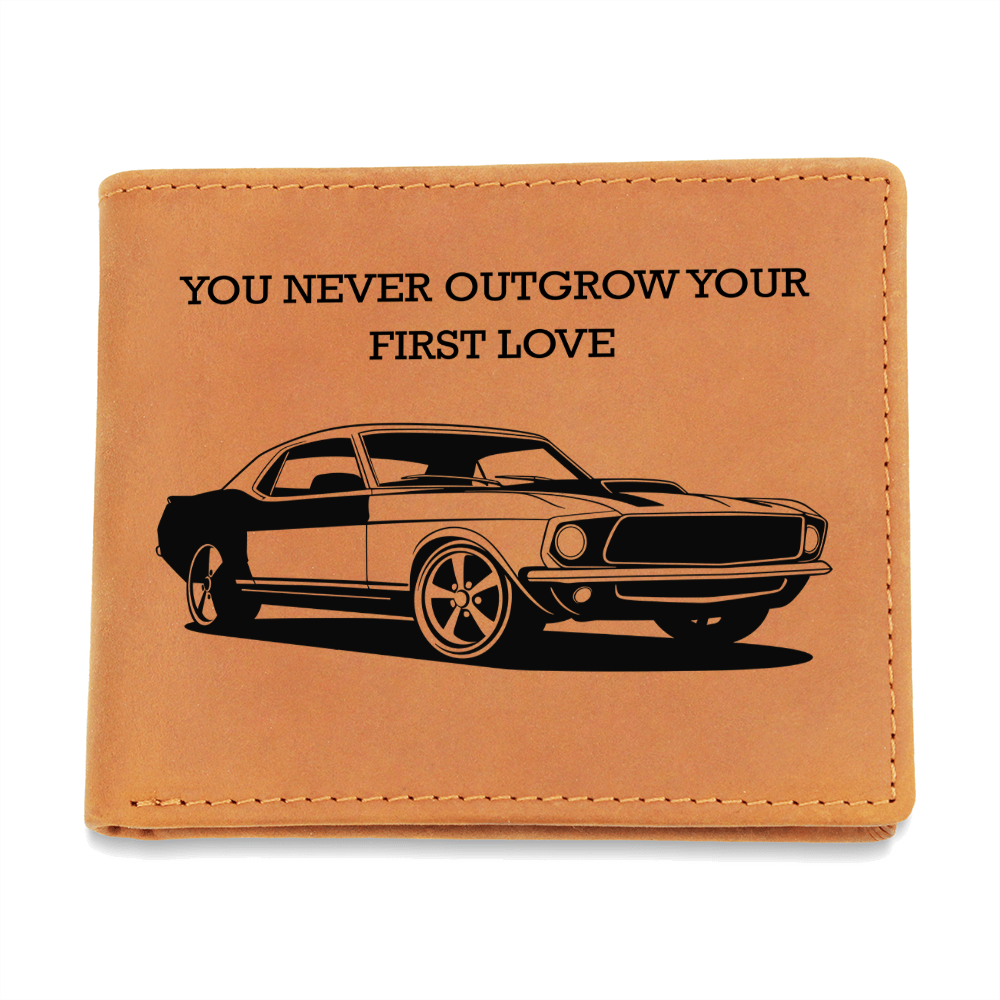 🚘 Classic Mustang Leather Wallet – "You Never Outgrow Your First Love" – Car Gift for Men
