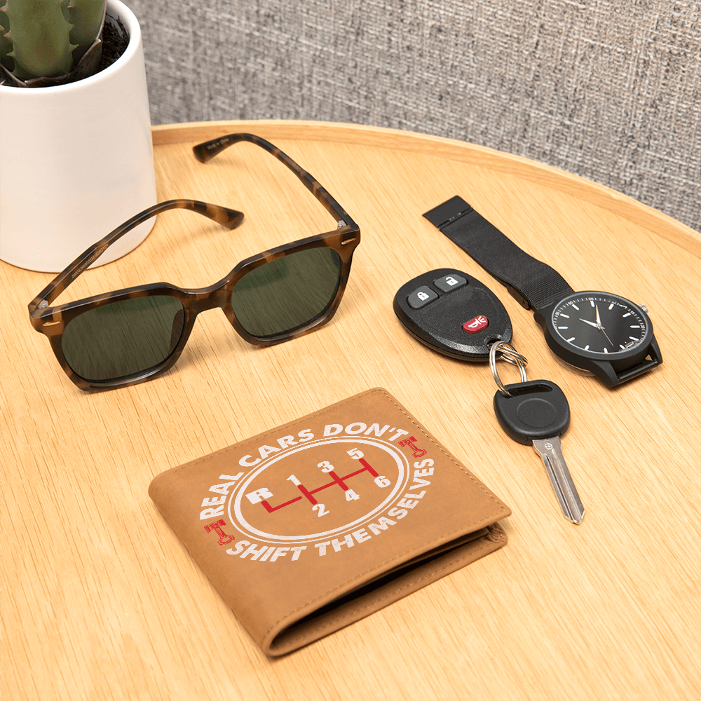 "Real Cars Don’t Shift Themselves" Gear Shift Genuine Leather Wallet – Gift for Car Lovers
