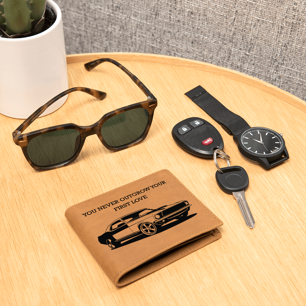 🚘 Classic Mustang Leather Wallet – "You Never Outgrow Your First Love" – Car Gift for Men
