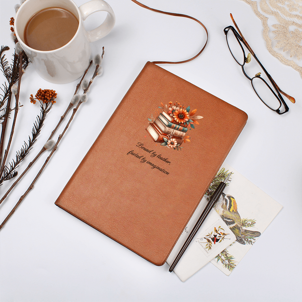 š āBound by Leather, Fueled by Imaginationā ā Floral Book Stack Vegan Leather Journal | Gift for Readers & Writers