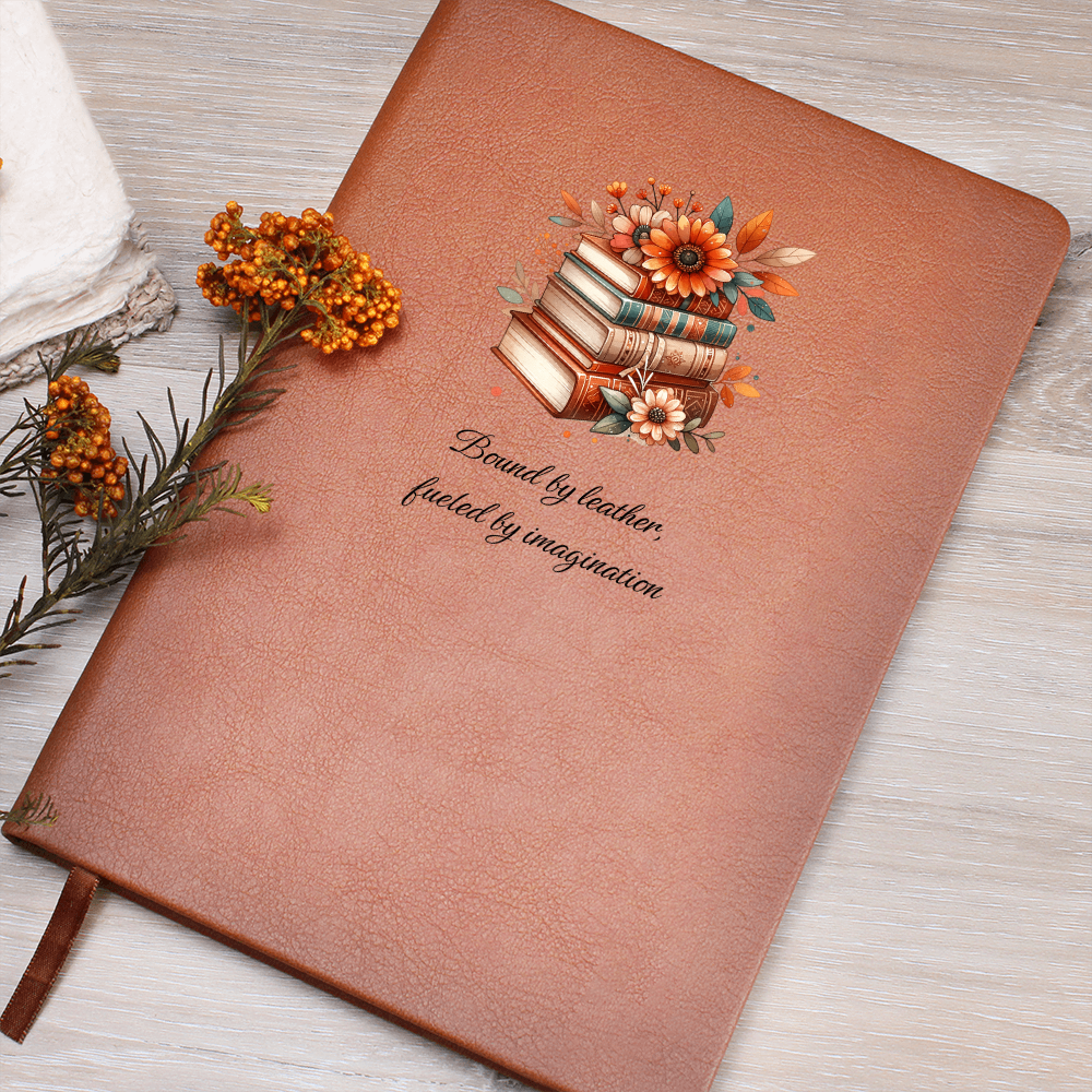 š āBound by Leather, Fueled by Imaginationā ā Floral Book Stack Vegan Leather Journal | Gift for Readers & Writers