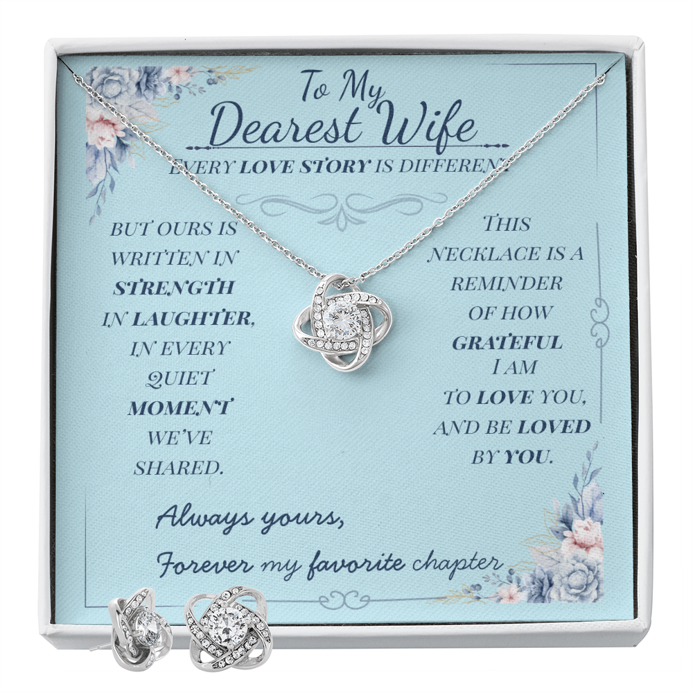 To My Dearest Wife – Love Knot Necklace & Earring Gift Set – Romantic Jewelry in White Gold Finish