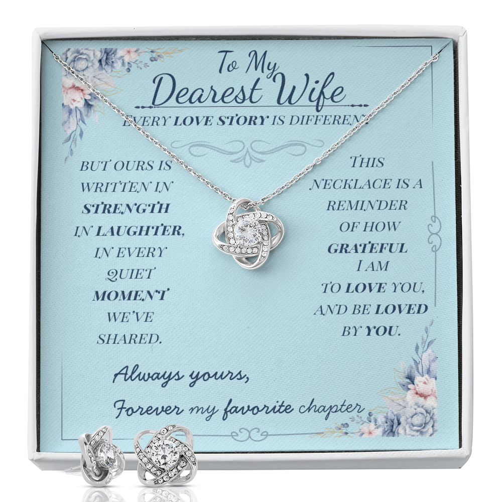 To My Dearest Wife – Love Knot Necklace & Earring Gift Set – Romantic Jewelry in White Gold Finish