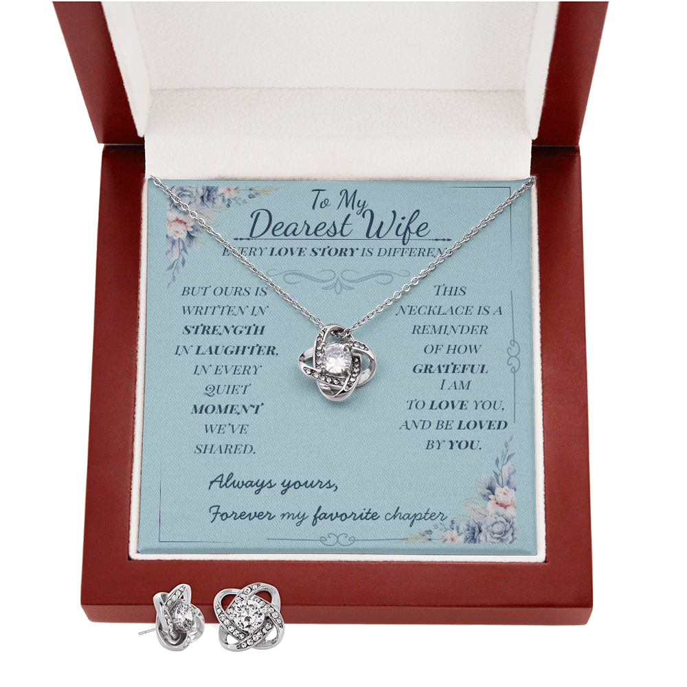 To My Dearest Wife – Love Knot Necklace & Earring Gift Set – Romantic Jewelry in White Gold Finish